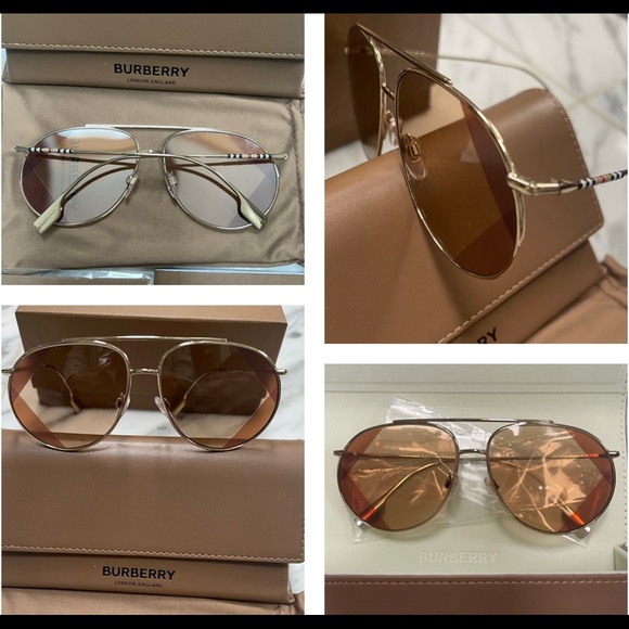 BURBERRY PILOT GOLD-TONE METAL AVIATORS WITH 2 TONE DESIGN DETAILING ON LENSES - Picture 6 of 16